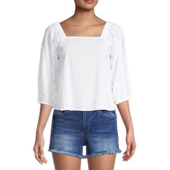 New Chelsea & Theodore Square-Neck Eyelet Embroidered White Cotton Top Size S
